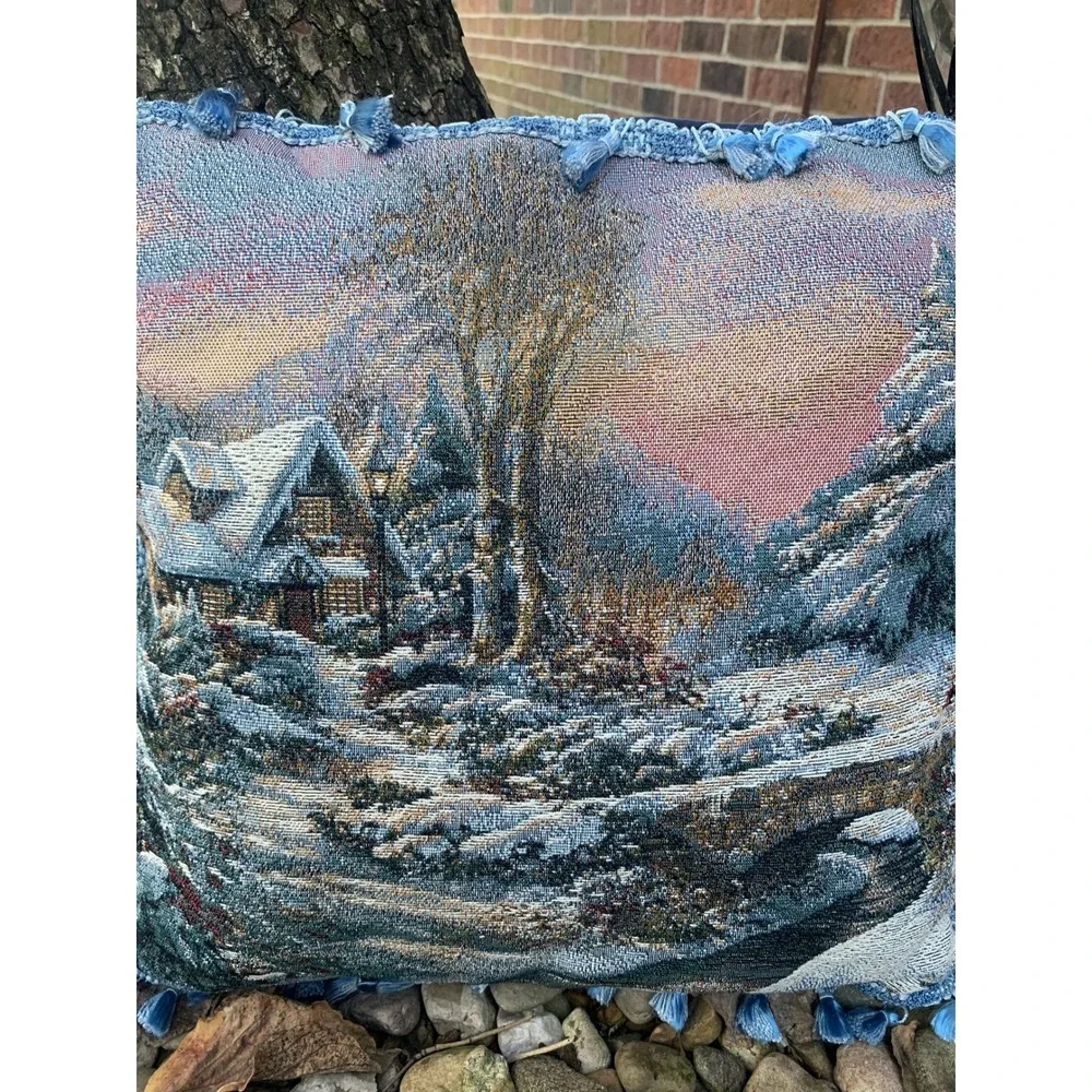 Winter‎ Cabin Tapestry Throw Pillow Winter Scene Home Decor Blue Tassels Holiday